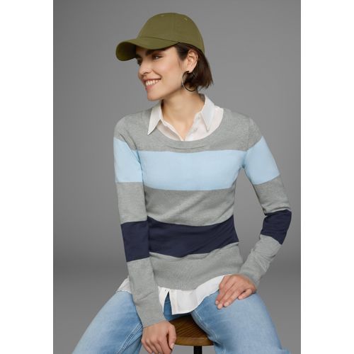 Rundhalspullover AJC, Damen, Gr. 44/46 (L), blau (grau, hellblau, marine, gestreift), Feinstrick, Obermaterial: 50% Baumwolle, 50% Polyacryl, gestreift, casual, sehr figurbetont hüftlang, Rundhals, Langarm eng Rippbündchen, Pullover, mit breiten Block-Streifen