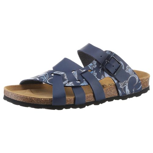 Pantolette ANISTON SHOES, Damen, Gr. 38, blau (dunkelblau gemustert), Lederimitat, klassisch, Schuhe Pantolette Schlappen, Sommerschuh, Schlappen mit verstellbaren Schnallen, Topseller