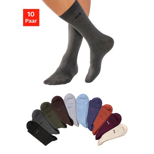 Socken H.I.S, Herren, Gr. 47-48, bunt (1x marine, 1x orange, 1x khaki, 1x plum, 1x beige, meliert, 1x jeans, meliert, 1x grau, meliert, 1x anthrazit, meliert, 1x braun, 1x schwarz), Baumwollmischung, unifarben, elastisch, Socken Multipacks, mit farbigem Innenbund