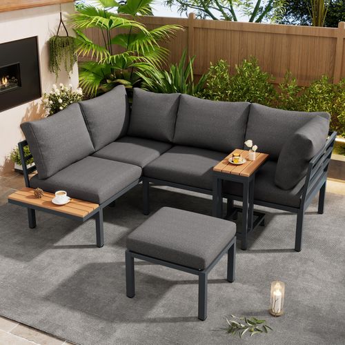 Gartenmöbel Set, Sofa + Beistelltisch + Couchtisch (kann als Fußhocker verwendet werden), Tischplatte aus Kunststoffholz, geeignet für Balkon