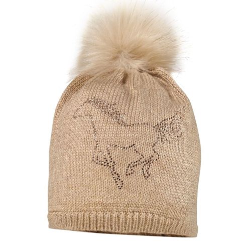 Bommelmütze MAXIMO, Baby, Gr. 53, beige, Feinstrick, Materialmix, unifarben, casual, Mützen, mit Pferdemotiv und Fellimitat-PomPom