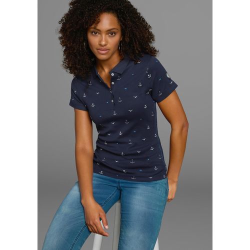 Poloshirt KANGAROOS, Damen, Gr. 40/42 (M), blau (marine, bedruckt), Rippware, Obermaterial: 100% Baumwolle, bedruckt, casual, sehr figurbetont hüftlang, Kurzarm Flachstrickbündchen, Shirts, Kurzarm, sehr figurbetont, mit Allover-Druck, aus 100% Baumwolle, Topseller