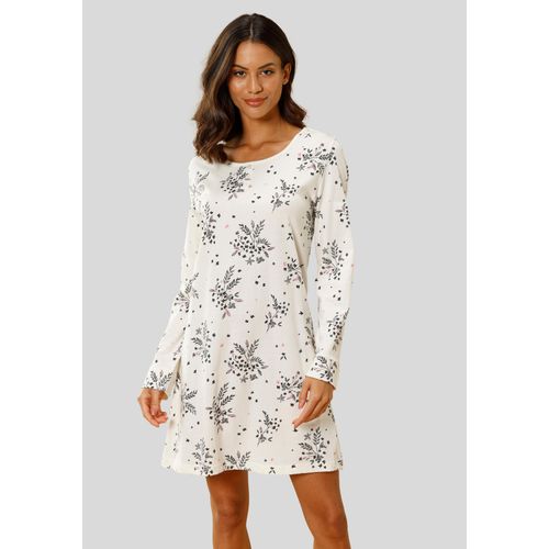 Nachthemd VIVANCE DREAMS, Damen, Gr. 40/42, N-Gr, beige, Single Jersey, Obermaterial: 100% Baumwolle, geblümt, feminin, bequem kurz, Rundhals, Langarm eingesetzt Bündchen, Kleider, mit Hortensienmuster