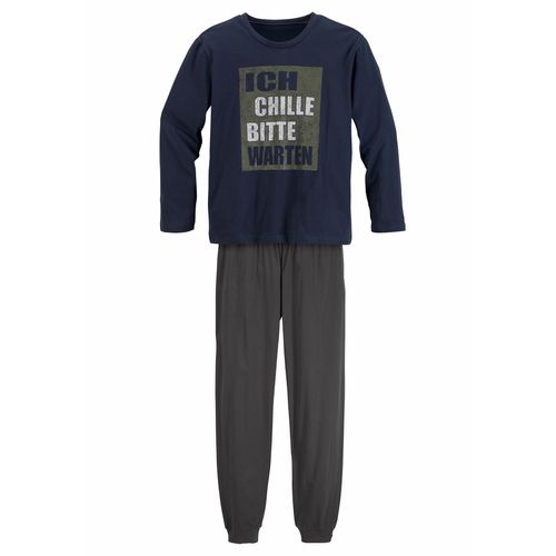 Pyjama AUTHENTIC LE JOGGER, Kinder, Gr. 146/152, grau (marine, anthrazit), Jersey, Obermaterial: 100% Baumwolle, bedruckt, Basic, lässig geschnitten lang, Rundhals, Langarm abgesteppte Kante, Homewear-Sets, Schlafanzug mit Spruch 