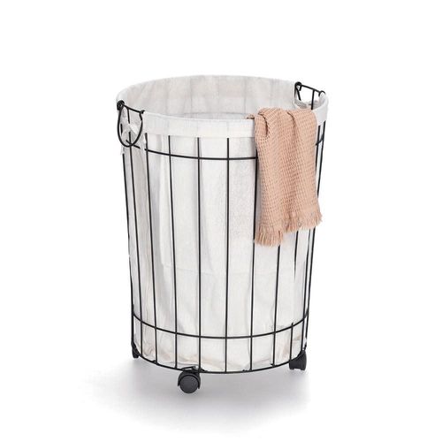 Wäschekorb ZELLER PRESENT, weiß (schwarz, natur, weiß), B:60cm H:44cm, Polyester, Metall, Baumwolle, Wäschesammler, rollbarer Wäschesammler
