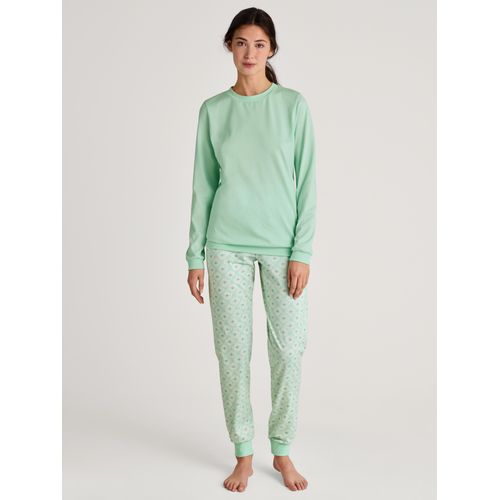 Schlafanzug CALIDA, Damen, Gr. XL (52/54), grün (soft grün), Obermaterial: 100% Baumwolle, casual, Basic lang, Rundhals, Langarm angesetztes Bündchen, Homewear-Sets, Elastischer Hosenbund