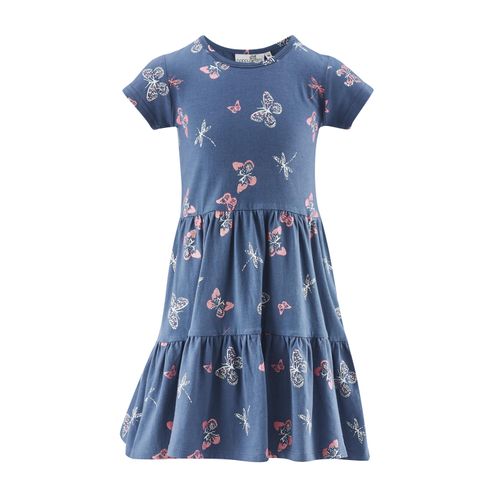 Minikleid HAPPY GIRLS, Mädchen, Gr. 140, N-Gr, blau (jeans blau), Jersey, Obermaterial: 95% Baumwolle, 5% Elasthan, bedruckt, casual, regular fit knielang, Rundhals, Kurzarm, Kleider