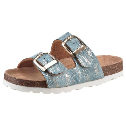 Pantolette KIDSWORLD, Kinder, Gr. 32, blau (jeansblau), Lederimitat, metallic, klassisch, Schuhe, Sommerschuh, Strandschuh, Urlaubschuh, Hausschuh mit Schnallen