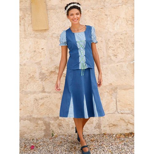 Trachtenbluse CLASSIC BASICS, Damen, Gr. 56, blau (jeansblau, weiß, bedruckt), 65% Polyester, 35% Baumwolle, Uni:100% Baumwolle, gemustert, kariert, mehrfarbig, eckiger Ausschnitt, Kurzarm, Blusen
