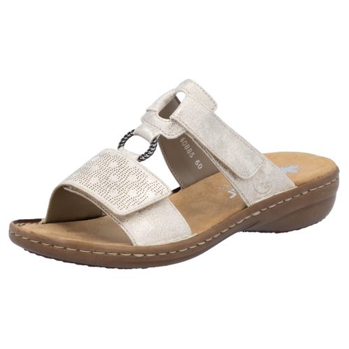 Pantolette RIEKER, Damen, Gr. 41, beige (creme), Lederimitat, metallic, Casual, Schuhe, Sommerschuh, Strandschuh, Klettschuh mit Perforation