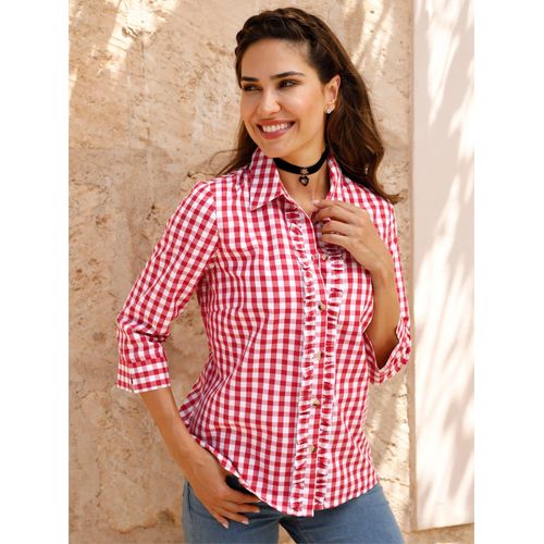 Trachtenbluse CLASSIC BASICS, Damen, Gr. 56, weiß (rot, weiß, kariert), 65% Polyester, 35% Baumwolle, gemustert, mehrfarbig, kariert, 3/4-Ärmel, Blusen