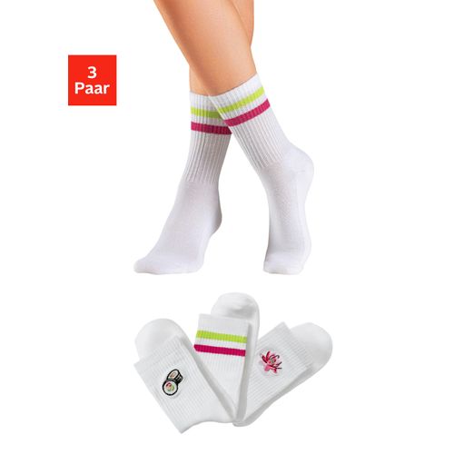 Tennissocken LASCANA, Damen, Gr. 39-42, weiß (3x weiß), Baumwollmischung, unifarben, elastisch, Socken, mit Frotteesohle und Stickerei