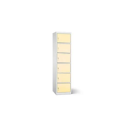 Akku Ladeschrank, 6 Abteile mit Zylinderschloss, Stahlblech lichtgrau RAL 7035/hellelfenbein RAL 1015