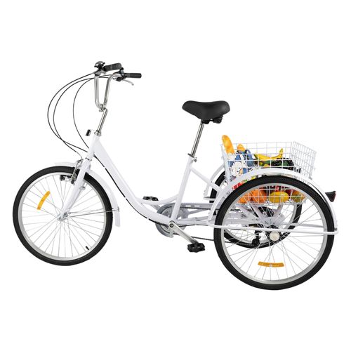 24 Zoll Dreirad Erwachsene Erwachsenendreirad Tricycle 6 Gang 3 RäderSenioren Einkaufswagen + Einkaufskorb und Lampe Weiß Erwachsene Fahrrad