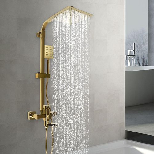 Messing Duschsystem mit Regendusche Armatur Duschkopf 85-124cm höhenverstellbar Duschset (gold