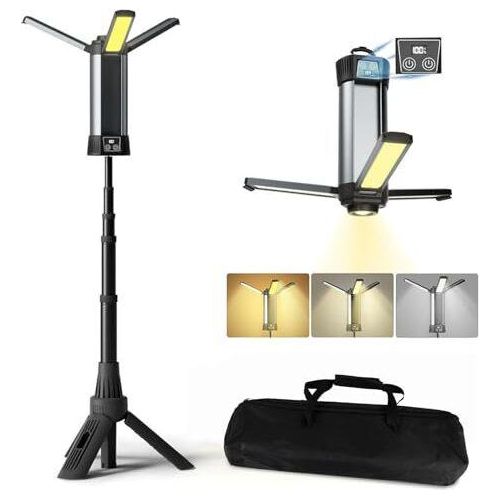 Campinglampe 6000 mAh, 3 Farbtemperaturen, dimmbar, superhelles Suchscheinwerfer, wiederaufladbare drahtlose Arbeitslicht, längeres Stativ, 2000 Lumen