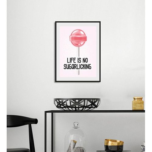 queence Bild »LIFE IS NO SUGARLICKING«, Schriftzug-Humor-Sprüche & Texte-Süssigkeiten-Motivationsbilder, (1 St.), HD Premium Poster-Druck inkl. Holzrahmen
