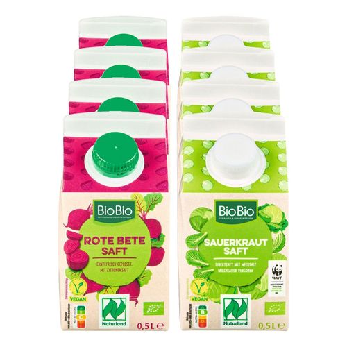 BioBio Bio Sauerkraut- / Rote Bete Saft sortiert - 0,5 Liter, 8er Pack