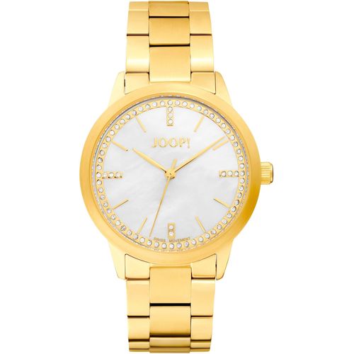 Quarzuhr JOOP, gold (goldfarben, weiß), Armbanduhren, Damen, Armbanduhr, Damenuhr, analog, Glassteine, Edelstahlarmband