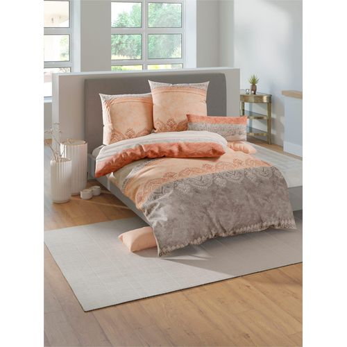 Bettwäsche WÄSCHEPUR Gr. 3, elfenbein, apricot, bedruckt, B/L: 155cm x 220cm, 2-teilige Garnitur St., 2-teilige Garnitur St., Feinbiber, B/L: 80cm x 80cm, Feinbiber, 100% Baumwolle, Bettwäsche