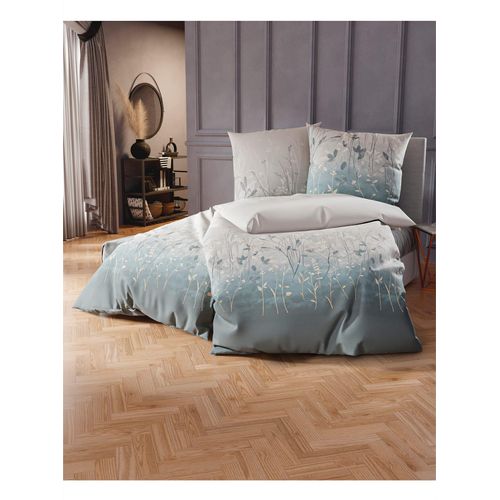 Bettwäsche KAEPPEL Gr. 3, taubenblau, grau, bedruckt, B/L: 155cm x 220cm, 2-teilige Garnitur St., 2-teilige Garnitur St., Feinbiber, B/L: 80cm x 80cm, Feinbiber, 100% Baumwolle, Bettwäsche