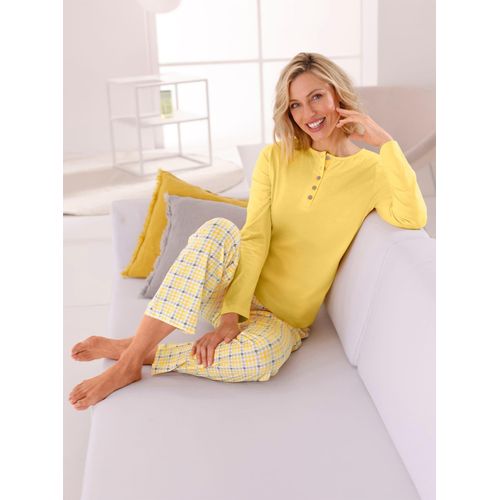 Schlafanzug WÄSCHEPUR, Damen, Gr. 36/38, gelb, steingrau, kariert, 100% Baumwolle, Homewear-Sets