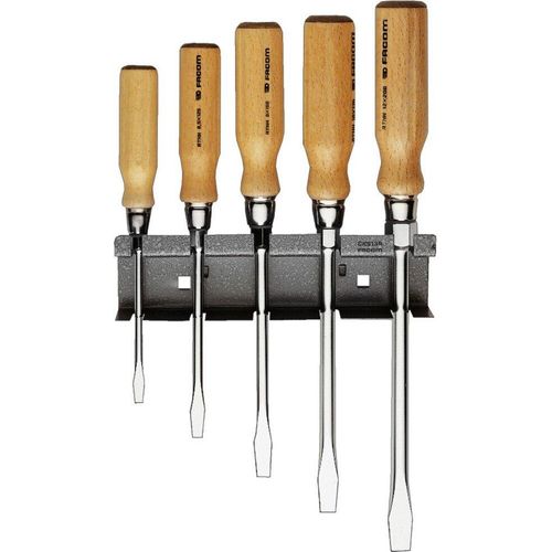 Schraubendreher Holzgriff. 6-Kant. Schlitz 5.5x100-10x200mm. 5-teilig. Wandhalter
