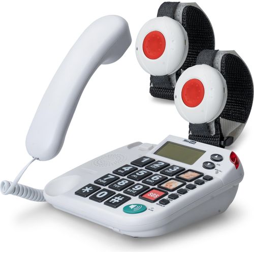 Maxcom KX481SOS: Hausnotruf Telefon mit 2X Notrufarmband; schnurgebundenes Festnetztelefon mit Notrufknopf + 2X Notruf Armband; Notruftelefon Senioren; Seniorentelefon + Adapterstecker; große Tasten