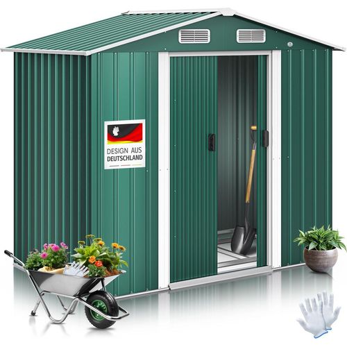 KESSER® XL Metall Gerätehaus 4,2m³ mit Fundament | inkl. Arbeitshandschuhe | 195x131x186cm | 2x Schiebetür & Fundament | Geräteschuppen | Gartenhaus Schrank | Satteldachdach Garten Schuppen
