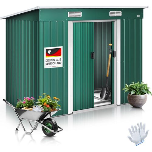 KESSER® - Gerätehaus L Metall 4 m³ mit Fundament | 210x122x186 cm | 2x Schiebetür & Fundament | Geräteschuppen | Gartenhaus Schrank | Pultdach Garten Schuppen | Inkl. Arbeitshandschuhe