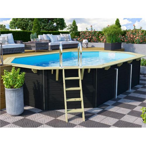 Holzpool SET Achteck Langform Folie blau 6,10 x 4,00 x 1,24 m