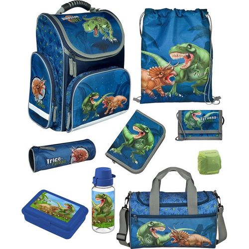 DINOSAURIER Schulranzen Set 9-teilig Modell Clou Ranzen 1. Klasse mit Sporttasche T-Rex Blau