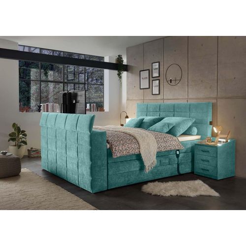 Denver Boxspringbett 180x200cm Grün inkl. Motor & motorisierte TV-Halterung, Ausführung:Variante 2