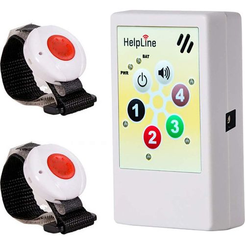HelpLine 2.0 für Zwei: Portables Hausnotrufgerät mit 2X Funk-Notruf-Armband, Mobiler-Pflege-Alarm für zuhause und unterwegs, Pflegeruf-Set, tragbares Notrufsystem mit angenehmen Ruftonmelodien