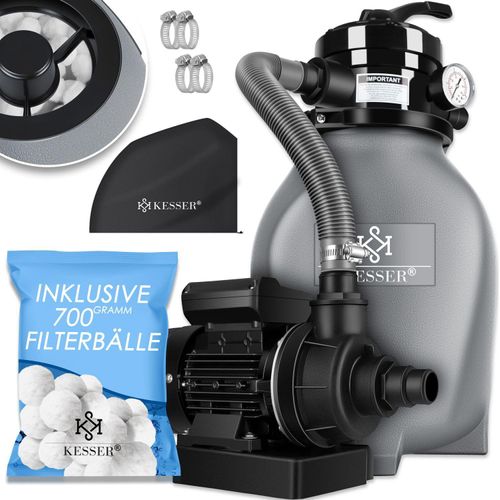 KESSER® Sandfilter Sandfilteranlage + 700g Filterbälle ersetzen 25kg Filtersand- Poolfilter 10 m³/h Filteranlage Filterkessel für Pool Schwimmbecken 4-Wege Ventil , einfache Steuerung