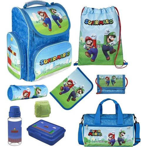 SUPER MARIO Schulranzen 9-teiliges Set Ranzen 1. Klasse mit Sporttasche Blau