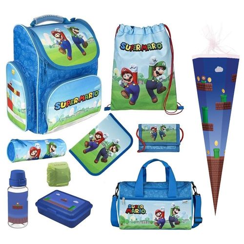SUPER MARIO Schulranzen 10-teiliges Set Ranzen 1. Klasse mit Sporttasche und Schultüte 85cm
