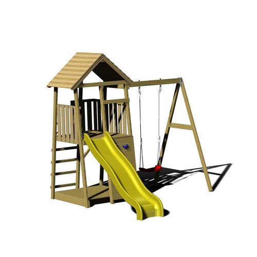 Wendi Toys Holz Spielturm Biene inkl. Rutsche, Kletterwand, Schaukel & Sandkasten Natur 280x270x270 cm