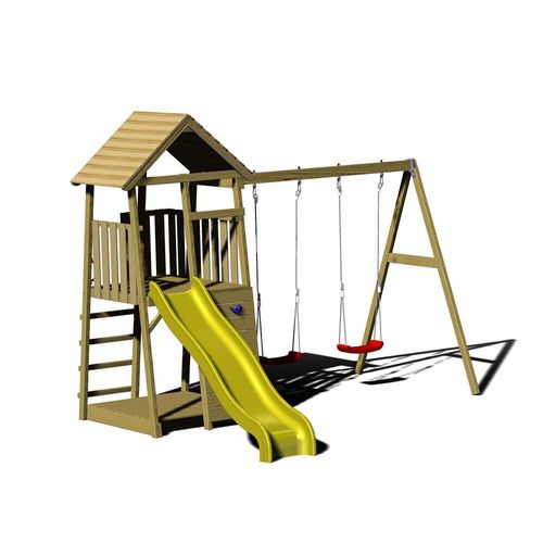 Wendi Toys Holz Spielturm Pinguin inkl. Rutsche, Kletterwand, 2 Schaukeln & Sandkasten Natur 280x340x270 cm