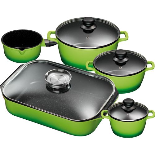 5tlg. KING Vorteilsset GRÜN: 4tlg. Kochtopfset Aluguss Grün, 3xKochtöpfe in Ø16,Ø20,Ø24cm, 1xStieltopf Ø16cm + 40x26cm Bräter Aluguss, mit Glasdeckel und Aromaknopf / Farbe: Grün