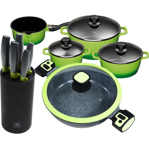 11tlg. KING Vorteilsset GRÜN: 4tlg. Kochtopfset Aluguss Grün, 3xKochtöpfe in Ø16,Ø20,Ø24cm, 1xStieltopf Ø16cm + 6tlg. Messerset KING® CARBON GREEN LINE + Ø28cm Servierpfanne ca. 7.5cm hoch Click-Grip Aluguss Farbe: Grün