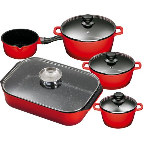 5tlg. KING Vorteilsset ROT: 4tlg. Kochtopfset Aluguss Rot, 3xKochtöpfe in Ø16,Ø20,Ø24cm, 1xStieltopf Ø16cm + 40x26cm Bräter Aluguss, mit Glasdeckel und Aromaknopf / Farbe: Rot