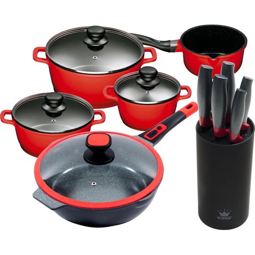 11tlg. KING Vorteilsset ROT: 4tlg. Kochtopfset Aluguss Rot 3xKochtöpfe in Ø16,Ø20,Ø24cm, 1xStieltopf Ø16cm + 6tlg. Messerset KING® CARBON RED LINE + Ø32cm Bratpfanne ca. 9.5cm hoch KING® Click-Grip Aluguss
