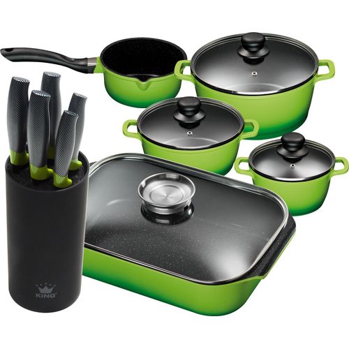 11tlg. KING Vorteilsset GRÜN: 4tlg. Kochtopfset Aluguss Grün 3xKochtöpfe in Ø16,Ø20,Ø24cm, 1xStieltopf Ø16cm + 6tlg. Messerset CARBON GREEN LINE, 5 Messer plus Messerblock + 40x26cm Bräter Aluguss, mit Glasdeckel und Aromaknopf / Farbe: Grün