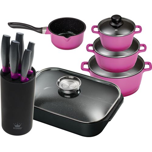 11tlg. KING Vorteilsset BERRY: 4tlg. Kochtopfset Aluguss Berry, 3xKochtöpfe in Ø16,Ø20,Ø24cm, 1xStieltopf Ø16cm + 6tlg. Messerset CARBON BERRY LINE, 5 Messer plus Messerblock + 40x26cm Bräter Aluguss, mit Glasdeckel und Aromaknopf / Farbe: Schwarz