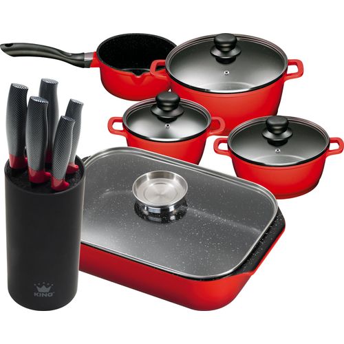 11tlg. KING Vorteilsset ROT: 4tlg. Kochtopfset Aluguss Rot 3xKochtöpfe in Ø16,Ø20,Ø24cm, 1xStieltopf Ø16cm + 6tlg. Messerset CARBON RED LINE, 5 Messer plus Messerblock + 40x26cm Bräter Aluguss, mit Glasdeckel und Aromaknopf / Farbe: Rot