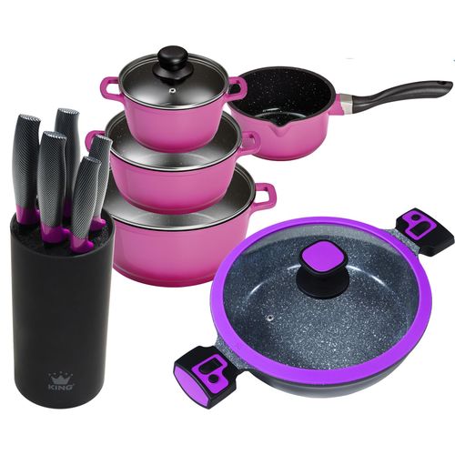 11tlg. KING Vorteilsset BERRY: 4tlg. Kochtopfset Aluguss Berry, 3xKochtöpfe in Ø16,Ø20,Ø24cm, 1xStieltopf Ø16cm + 6tlg. Messerset CARBON BERRY LINE, 5 Messer plus Messerblock + Ø28cm Servierpfanne ca. 7.5cm hoch Click-Grip Aluguss
