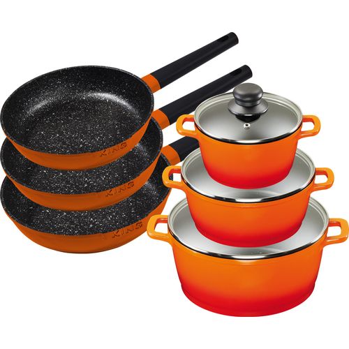 6tlg. KING Vorteilsset ORANGE: 3tlg. Kochtopfset Aluguss Orange, 3xKochtöpfe in Ø16,Ø20,Ø24cm +3x Bratpfannen in Ø20cm,Ø24cm,Ø28cm KING® SHINE ORANGE
