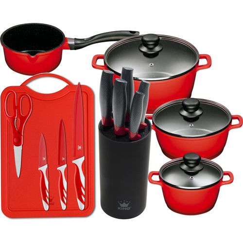 15tlg. KING Vorteilsset ROT: 4tlg. Kochtopfset Aluguss Rot, 3xKochtöpfe in Ø16,Ø20,Ø24cm, 1xStieltopf Ø16cm + 6tlg. Messerset KING® CARBON RED LINE + 5tlg. Messerset ROT 3 Messer, 1 Schneidebrett, 1 Schere