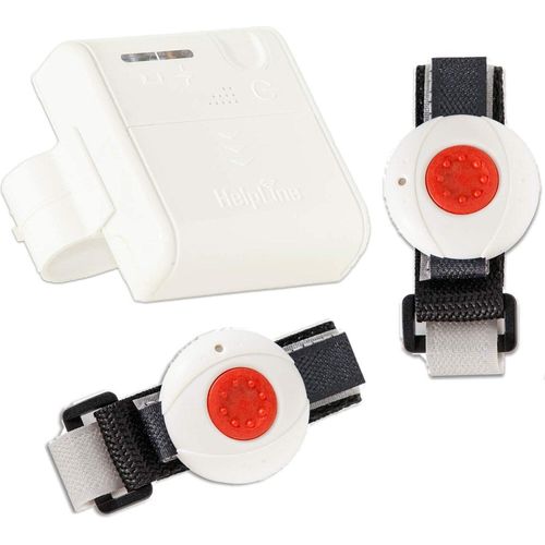 Helpline Mini für Zwei: Kleiner mobiler Hausnotruf mit 2x wasserdichtem Notrufarmband und Gürtel Clip für die häusliche Pflege; Notrufsystem mit 2x Funk Notruf Armband; Notrufknopf für Senioren